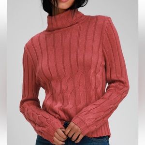 LULUS SWEATER - Belfort Rusty Rose Cable Knit Turtleneck Sweater